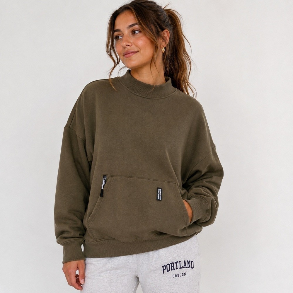 Portland Gear Womens XL Mock Neck Sweatshirt Olive Brown DWR Coated Oversized